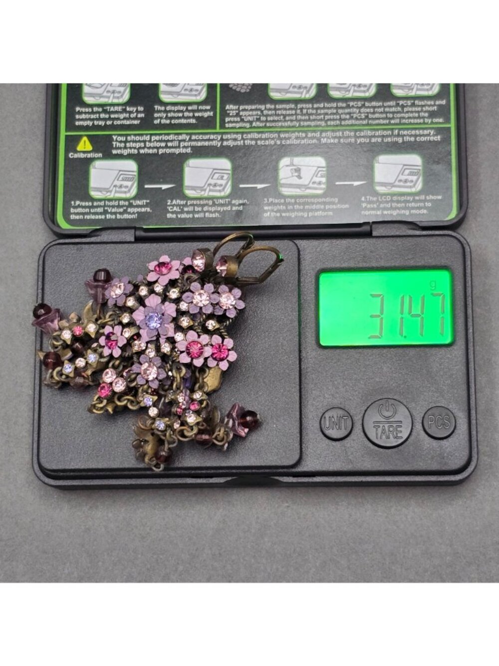 Vintage Michal Negrin Brass Dangle Earrings 4.75" Pastel Floral Crystal Drop - Picture 10 of 11